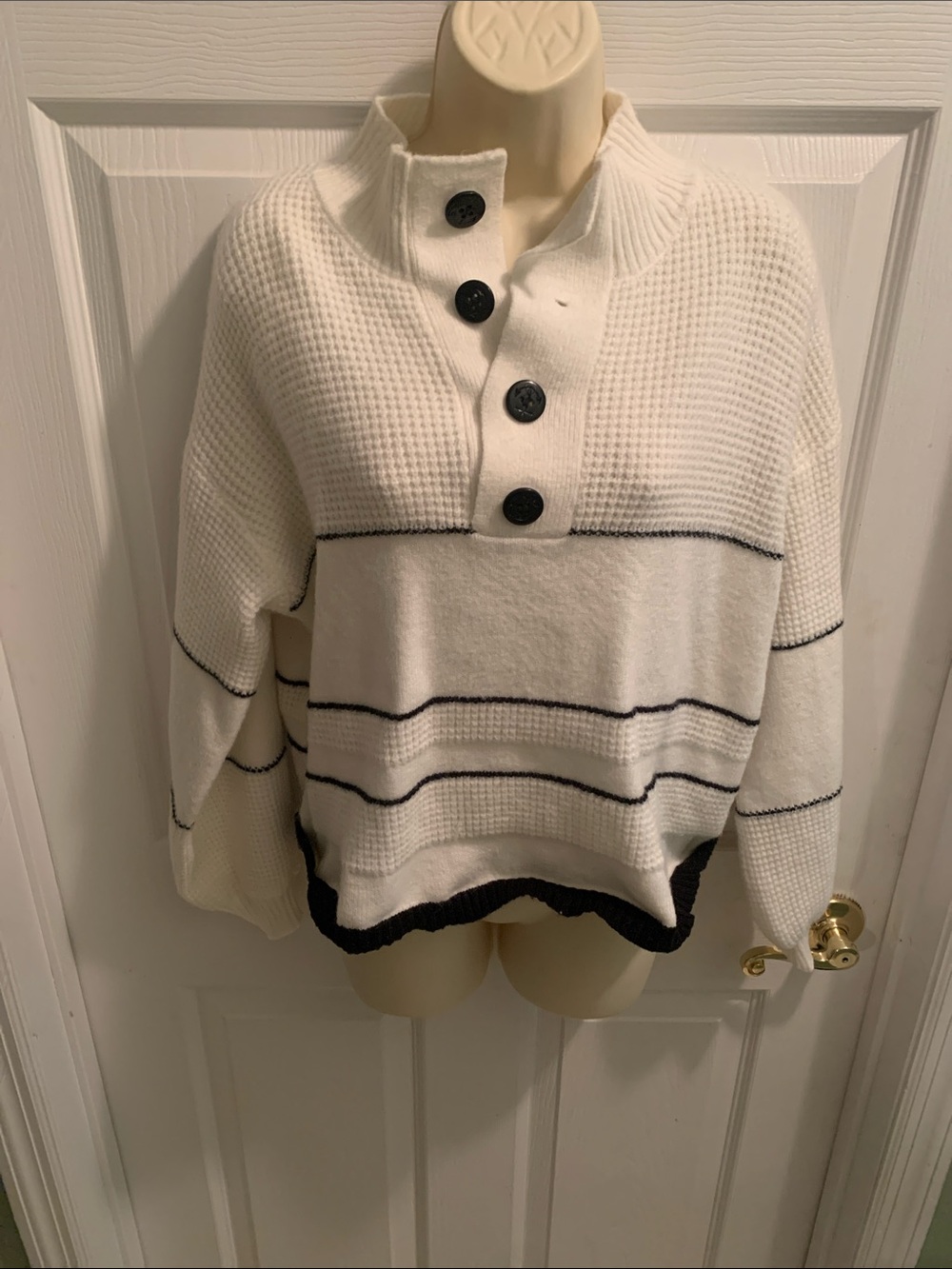 Cider Cream Waffle-Knit Button Pullover with Black Trim